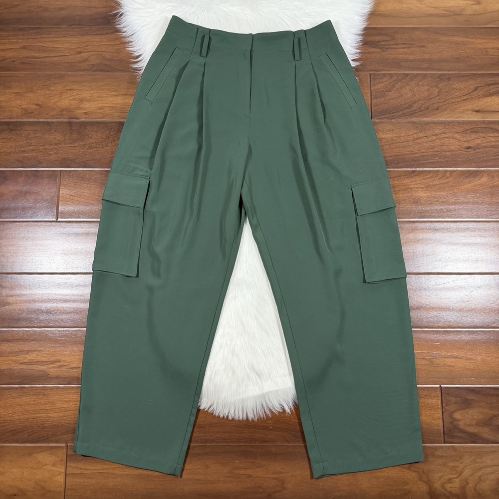 Reiss Women's Size US 10 / UK 14 Green Orla Pleated Wide Leg Cargo Trouser Pants